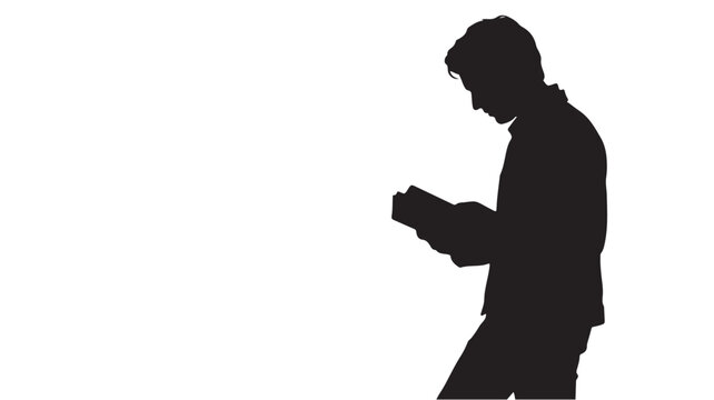 Man Silhouette Reading Book Walking Alone On White Background For Education Concepts