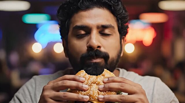 Close up of man enjoying a delicious hamburger with pure satisfaction and a happy smile