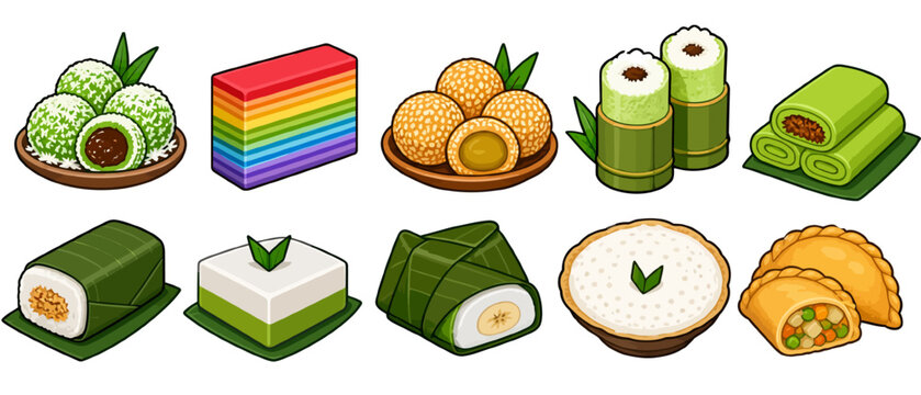 Traditional southeast asian snacks and colorful festive desserts set