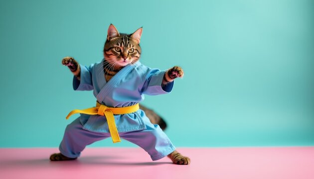 Tabby cat wears blue karate uniform with yellow belt. Feline poses in martial arts stance on pink, aqua background. Domestic pet performs kata with determined expression. Animal warrior prepares for