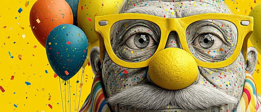 Celebration of humor with a wacky disguise on vibrant yellow. Cinema artwork. Comical disguise ensemble with party elements in vivid yellow setting. Advertising photo. Drama poster.
