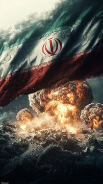 Turbulent skies: the flag standing firm in a war zone. Visual poster. Iranian flag standing in a war zone amidst explosive chaos and rising smoke. Hero poster. Drama poster.