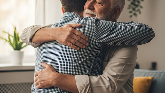 Emotional embrace between father and adult son