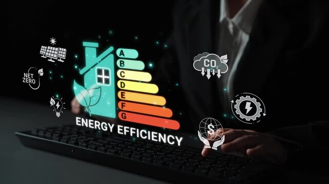 Digital concept of energy efficiency with colorful graphics highlighting sustainable practices, environmental impact, and renewable technologies for modern homes Sigmoid