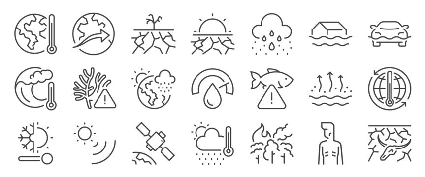 Super El nino icon set. It includes phenomenon, climate change, global warming, extreme weather,&nbsp;and more icons. Editable Vector Stroke.