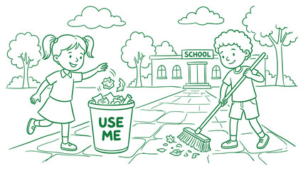 Fototapeta premium School cleaning day coloring illustration with children picking up trash and sweeping yard.