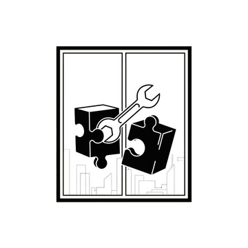 Interlocking puzzle pieces with wrench symbol illustration.