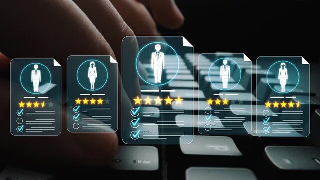 Digital transformation of job recruitment process with applicant profiles and ratings displayed over a keyboard in a tech-driven hiring environment Sigmoid