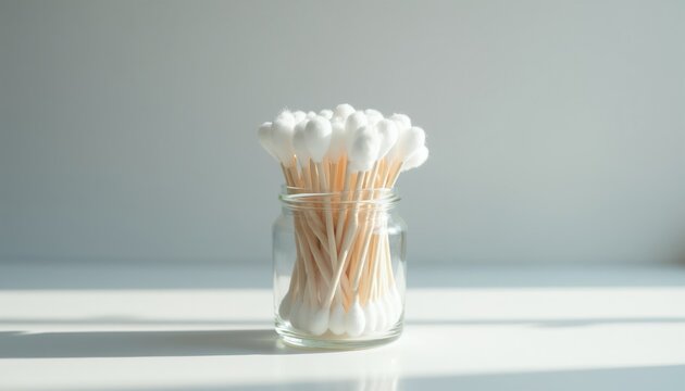 Cotton swabs stand upright in clear glass jar. Soft white cotton tips on wood sticks. Hygiene, beauty, makeup application and cleaning supply.