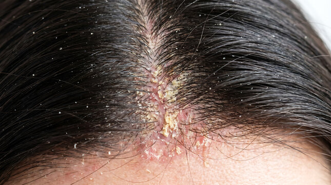 Psoriasis on skin dermatitis allergic reaction close up medical eczema symptoms of patient itchy red rash on neck and seborrheic dandruff scalp disease.