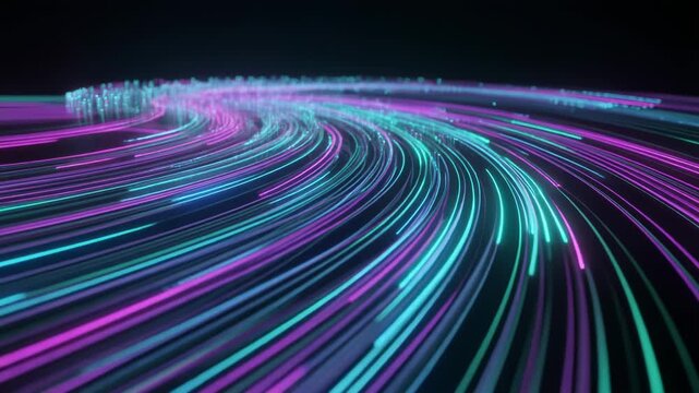 Vibrant neon light trails swirling in a mesmerizing pattern against a dark background, abstract technology concept