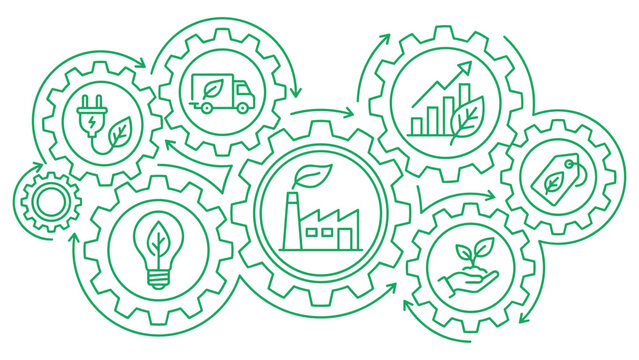 Industrial gears working in unison depicting circular economy and sustainable production.