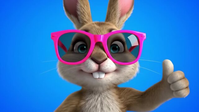 Happy Bunny with Pink Glasses Gives Thumbs Up on Blue Background.