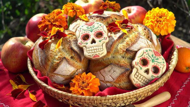 Dia de los Muertos - Festive Bread, Skulls, and Marigolds Celebration.