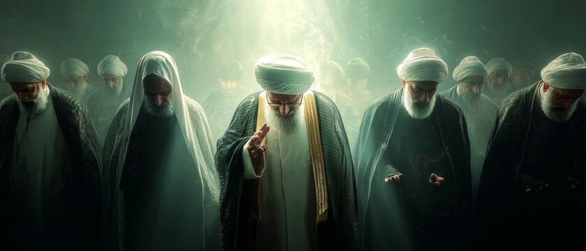 Guided by faith: a shia ayatollah's spiritual influence. Visual poster. A seated ayatollah in contemplation quietly uplifting his finger. Blockbuster art. Poster graphics.