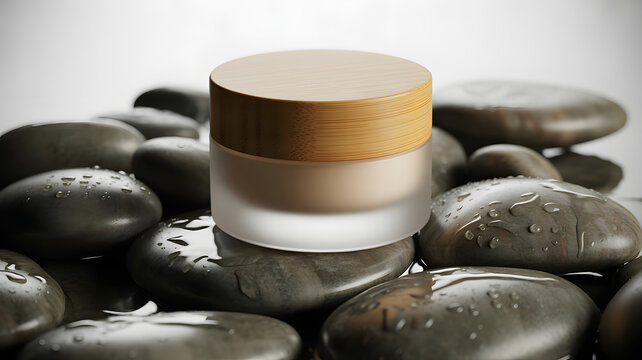 A glass jar with a wooden lid sitting on wet black stones, surrounded by smooth rocks with water droplets on them, product display