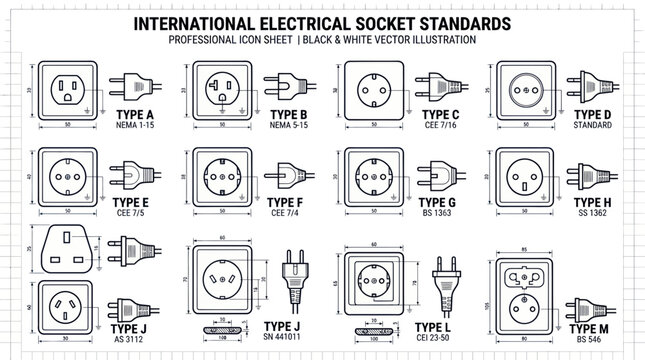 International Electrical Socket Standards: Type A to M Plugs and Sockets Vector Illustration
