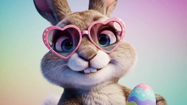 Adorable Easter Bunny in Heart Sunglasses Holds Colorful Egg, Festive Spring Celebration.