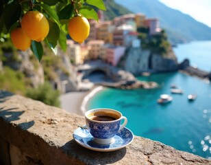 Fototapeta premium Cup of coffee sits on stone ledge overlooking Italian coastal village with boats in turquoise sea. Lemons hang from tree branch above, sunlit scene.