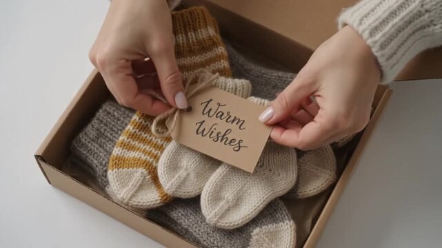 A person is placing baby socks into a cardboard box on a white surface in this video