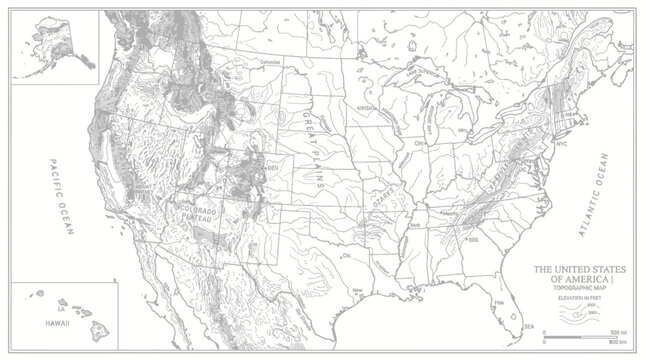 Topographic Map of the United States: Mountains, Rivers, and Landforms
