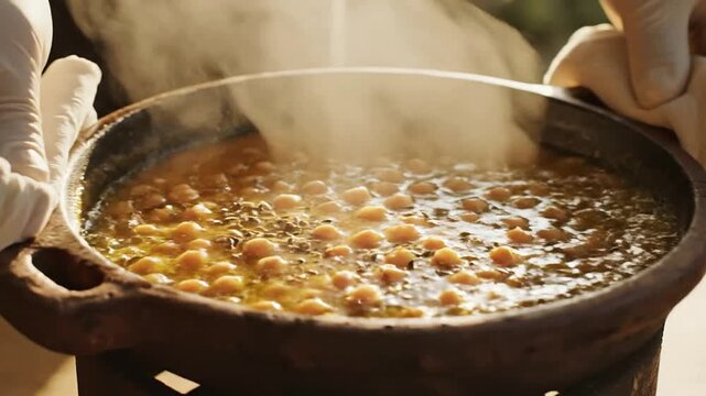 Steaming Traditional Cooking Pot with Chickpeas and Spices Over Aromatic Broth in a Close-Up Culinary Scene