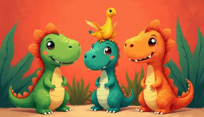 Naklejka premium Cute cartoon dinosaurs group together with happy smiles. Little Pterodactyl rests on a teal dinosaur head. Green and orange dinos stand near lush plants. Vibrant illustration for kids.