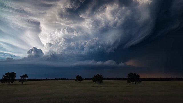 Dramatic storm clouds, large cumulonimbus cloud formation, landscape with trees and field, ominous weather, symbolizing impending storm, representing turmoil