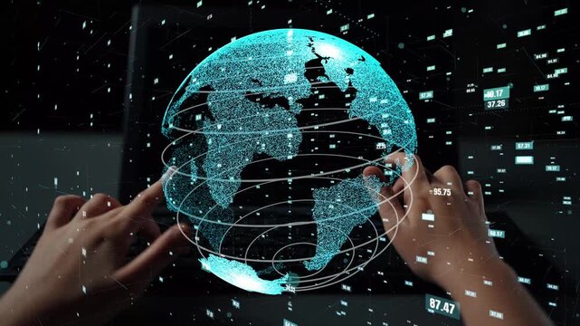 Visual representation of a digital globe with data overlays and a high-tech interface, symbolizing global connectivity, technology, and advanced analytics in a futuristic design. Xenic