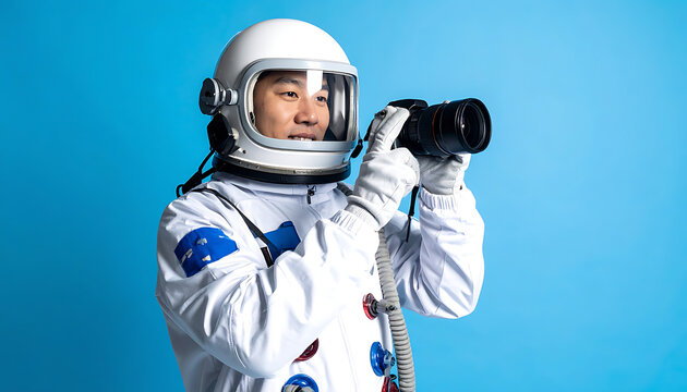 Astronaut in white suit holding a professional camera and looking through viewfinder, clear blue background, space exploration photography concept
