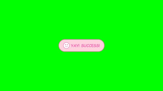 Cute Pink Yay Success Button Animation on Green Screen Background.