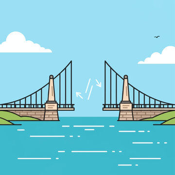 Flat vector illustration of a dual-arm moveable bridge over water with arrows showing opening and closing movement against a blue sky with white clouds and a flying bird.