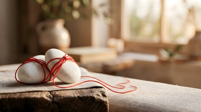 Two white smooth stones tied with red string on a wooden surface