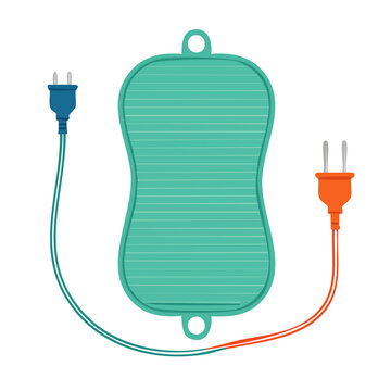 Teal heating pad with blue and orange electric plugs