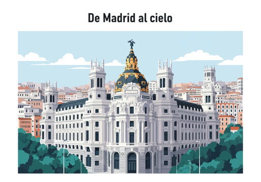 Vector illustration of the iconic Metropolis Building in Madrid, Spain, featuring its gold-detailed dome and Winged Victory statue, with text De Madrid al cielo and city skyline.