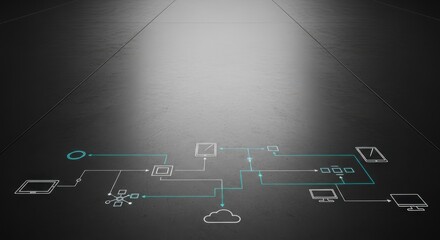 Fototapeta premium Conceptual Cross-Platform AI Sync and Flowchart Network with Cyan Laser Lines on Sandblasted Steel Lower Copy Space