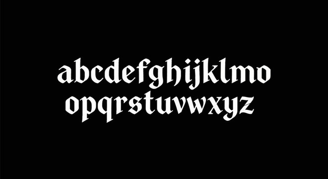 Complete set of lowercase alphabet letters in a modern blackletter gothic font style, featuring sharp white typography isolated on a solid black background for graphic design.
