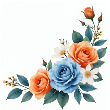 Watercolor floral corner arrangement. Features blue and orange roses with green leaves and small white flowers. Perfect for invitations, cards, and decor.