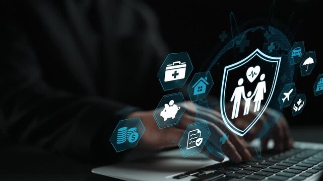 Hands Typing on Laptop with Digital Icons Representing Family Health Insurance and Protection, Focus on Security and Care. Entropy.