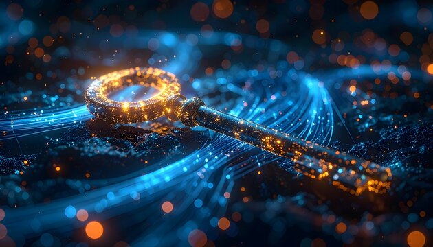 Glowing key made of fiber optic cables, concept of digital data access and network security
