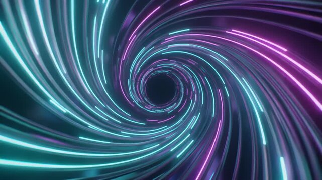 Vibrant neon spiral tunnel with purple and blue lights, abstract futuristic background