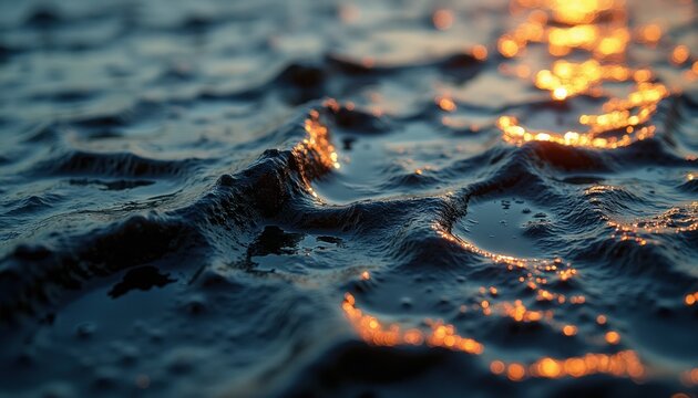 Thick oil slick floats on water surface creating textured dark waves. Orange sun glare reflects on pollutant film, showing environmental damage and industrial pollution effects.