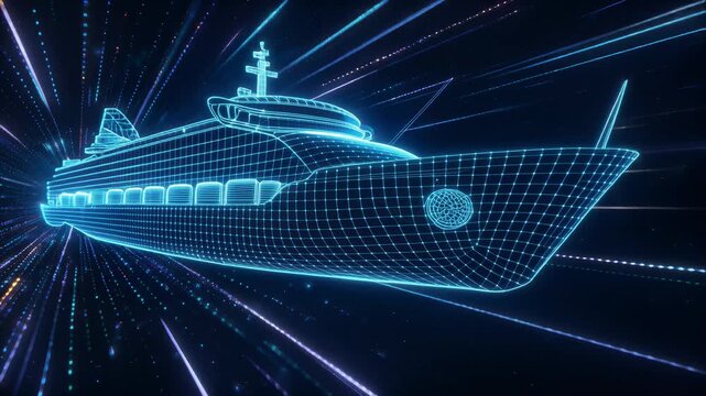 Futuristic cruise ship, glowing blue wireframe model with neon lines radiating from it, set against a dark space background with stars, symbolizing innovation and travel.