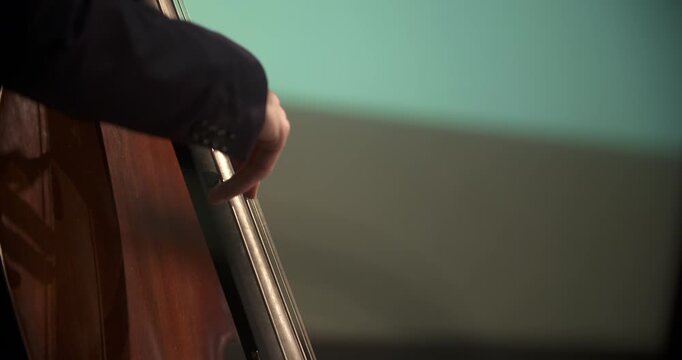 Close-up of musician playing a wooden string instrument