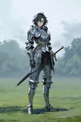 Naklejka premium medieval knight standing in grassy field