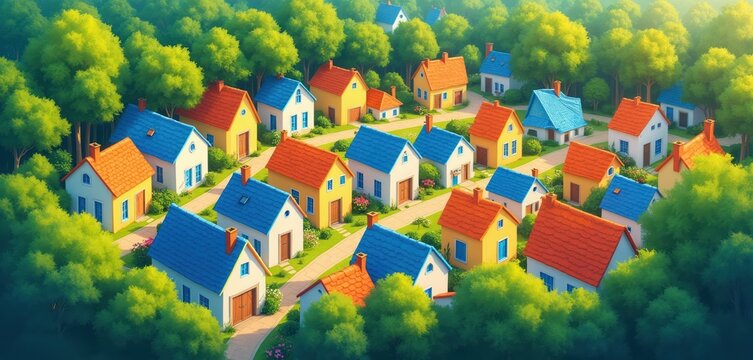 Aerial view of charming village with colorful houses scattered among green trees. Streets wind through neighborhood, connecting distinct homes, forming serene suburban landscape with peaceful