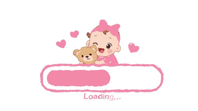 Cute baby holding teddy bear loading bar illustration for nursery app interface