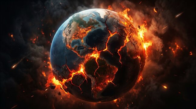 Planet Earth Cracking Apart with Glowing Fire Lava. Dramatic scene of planet earth exploding with molten lava and hot fire