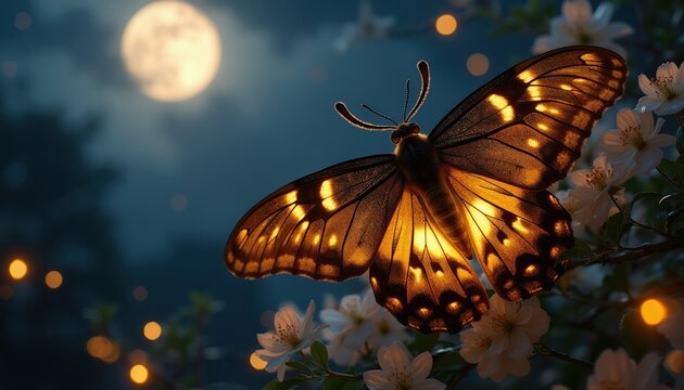 Giant luminous moth rests on flowering branch at night. Full moon shines in dark sky among bokeh lights. Insect wings glow warm orange color.