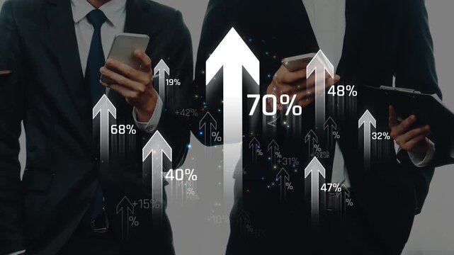 Business professionals analyzing data trends with upward arrows representing growth and success in a modern corporate environment Sigmoid
